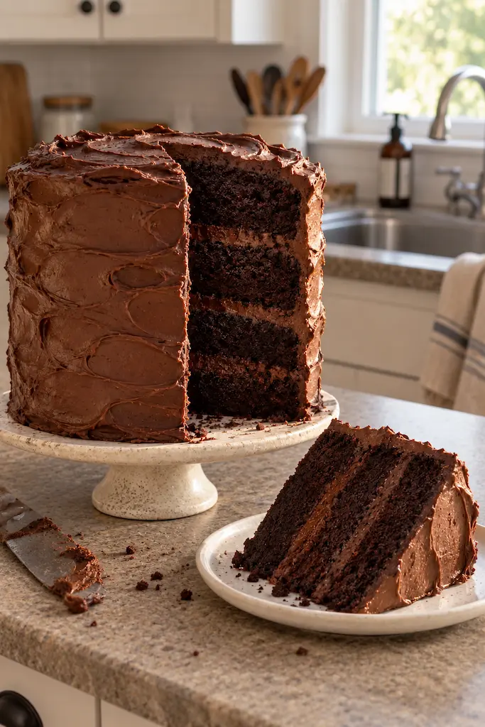 A dramatically generous California chocolate cake on a relaxed coastal table: tall layers, abundant frosting and an unapologetically large slice. Keep it sophisticated rather than cartoonishly oversized—sunlight, pale linen and perhaps a glimpse of the California coast.