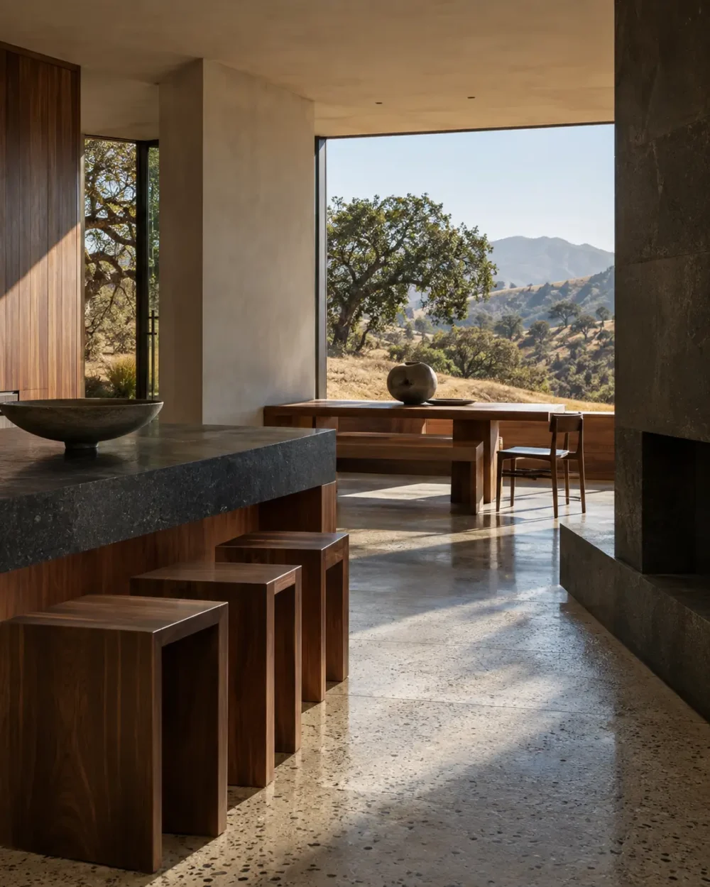 California interior with light wood millwork, dark stone and views of dry oak-covered hills.