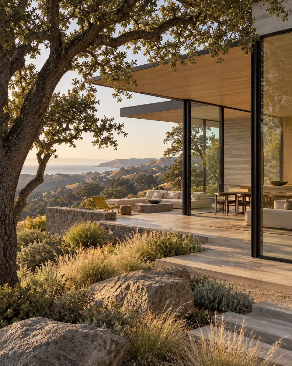 California home designed around a preserved oak tree with native planting and Pacific views.