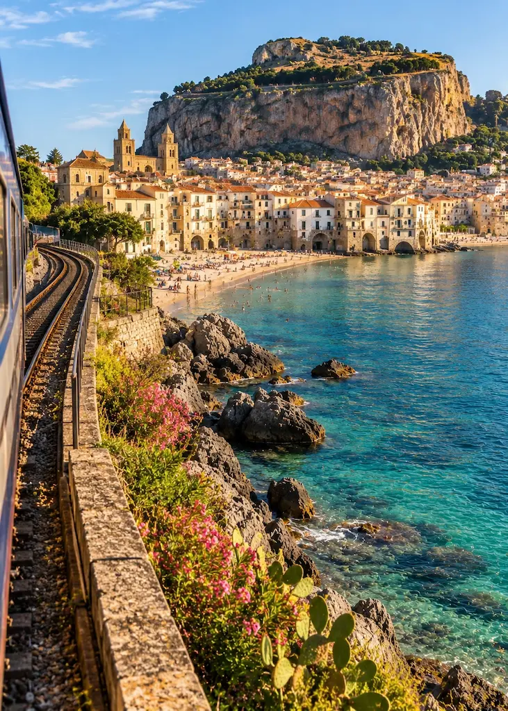 Railway curving along the coast toward Cefalù, Sicily, with La Rocca rising above the old town
