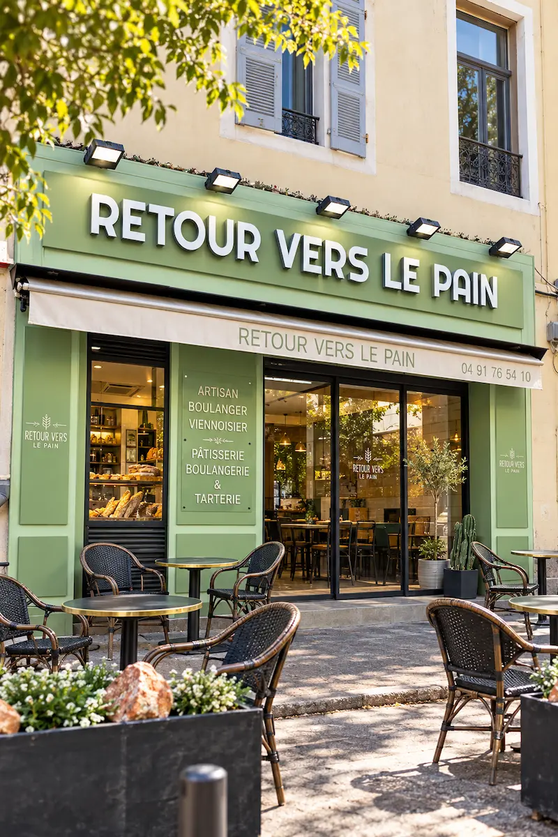 Green storefront of Retour vers le pain artisan bakery in Marseille, France.
