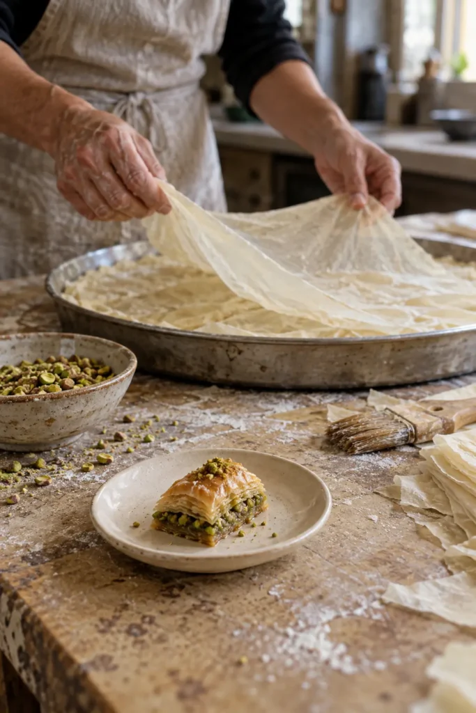 An artisan’s hands stretching a huge, nearly transparent sheet of filo across a flour-dusted wooden table. Soft natural window light, no face necessary, with wrinkles and flour left visible so it feels documentary rather than staged.