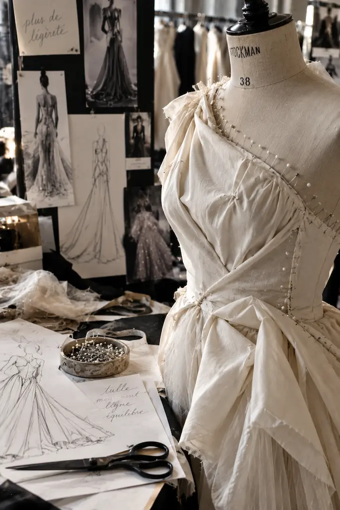 White garment being draped and pinned on a dress form beside fashion sketches in a designer’s atelier