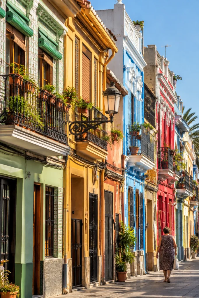 Colorful tiled houses and balconies in Valencia’s historic El Cabanyal maritime neighborhood