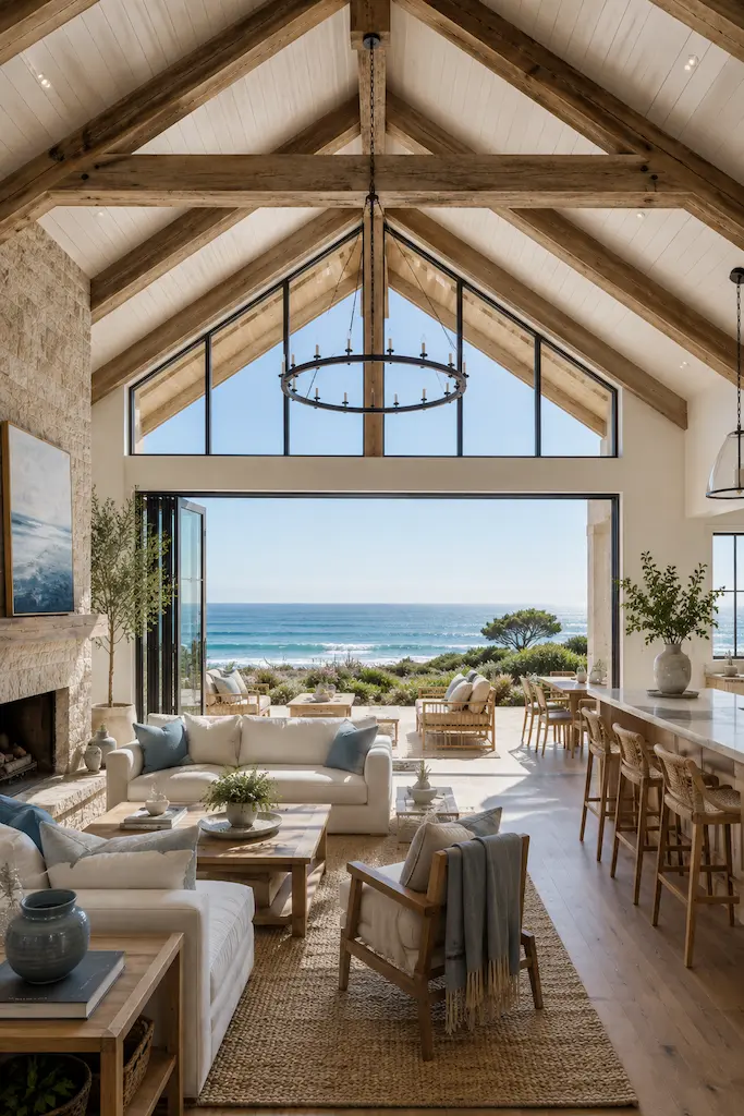 Bright California coastal barn interior with soaring cathedral ceilings, exposed timber beams, limestone fireplace and expansive glass doors opening to an ocean view.