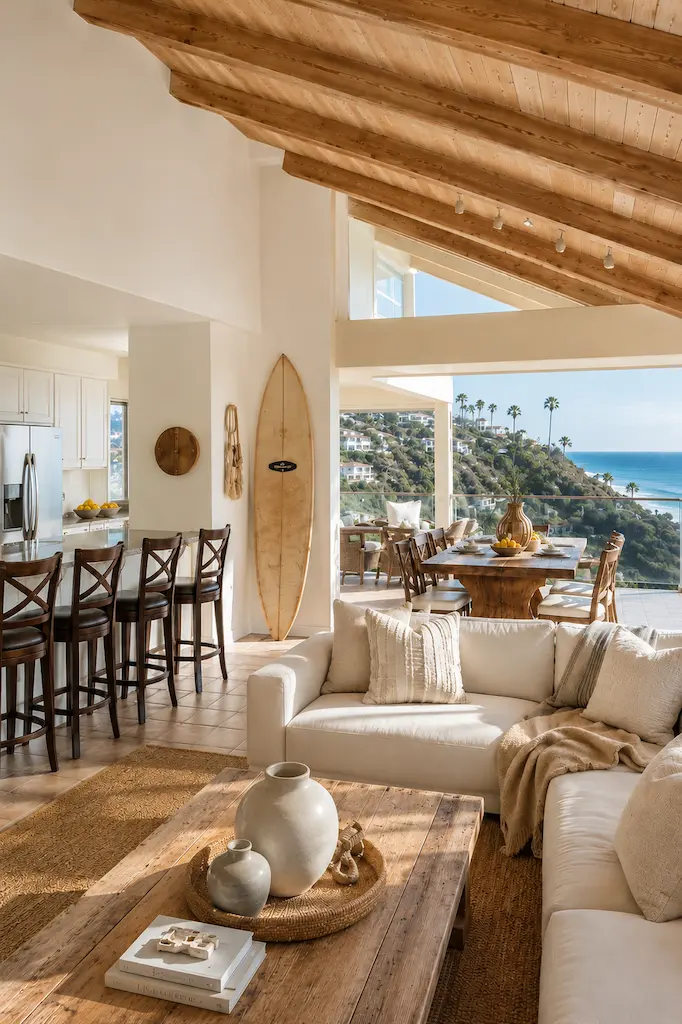 Bright California coastal home with exposed wood beams, white interiors and open living spaces overlooking the Pacific Ocean, blending rustic barn architecture with relaxed coastal living.