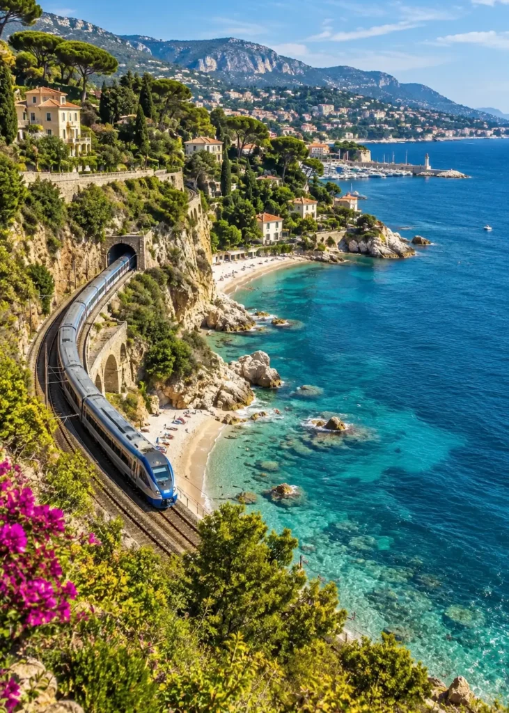 Passenger train traveling beside the turquoise Mediterranean Sea on the French Riviera