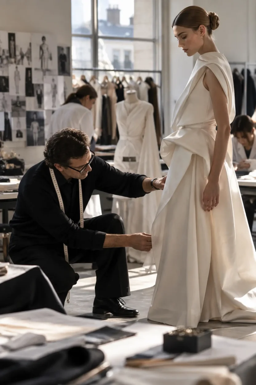 Fashion designer fitting a sculptural white dress on a model inside a contemporary atelier.