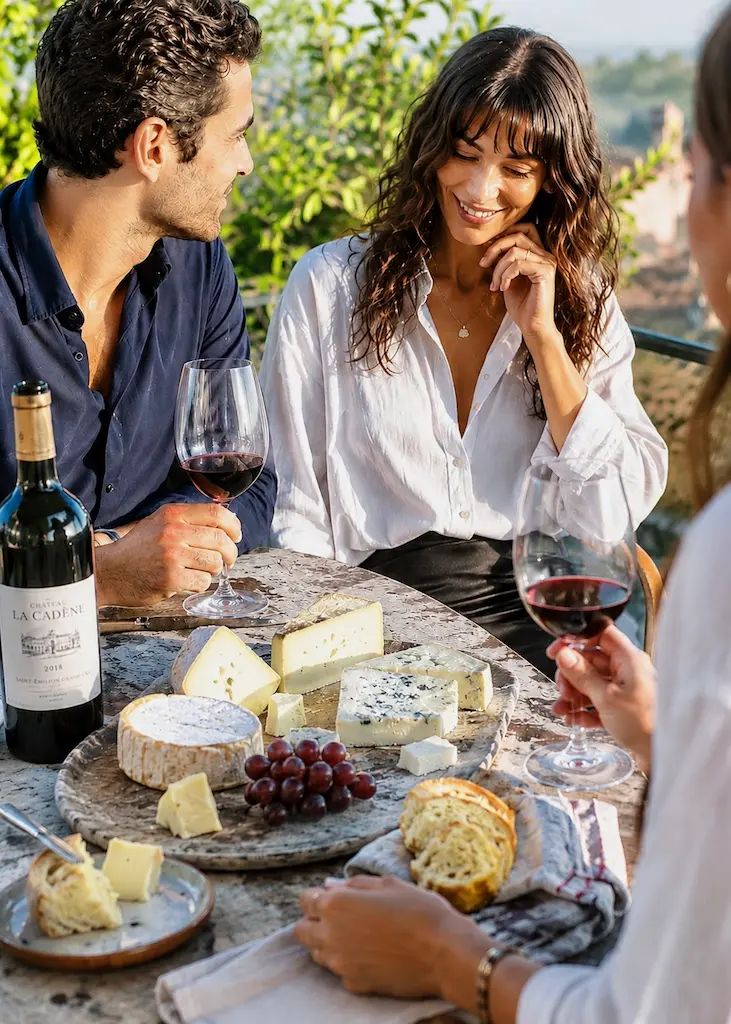 Friends sharing French wine and cheese on a sunlit terrace during apéro.