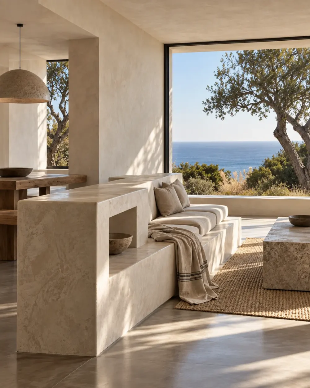 Mediterranean living room with built-in stone seating that functions as part of the architecture