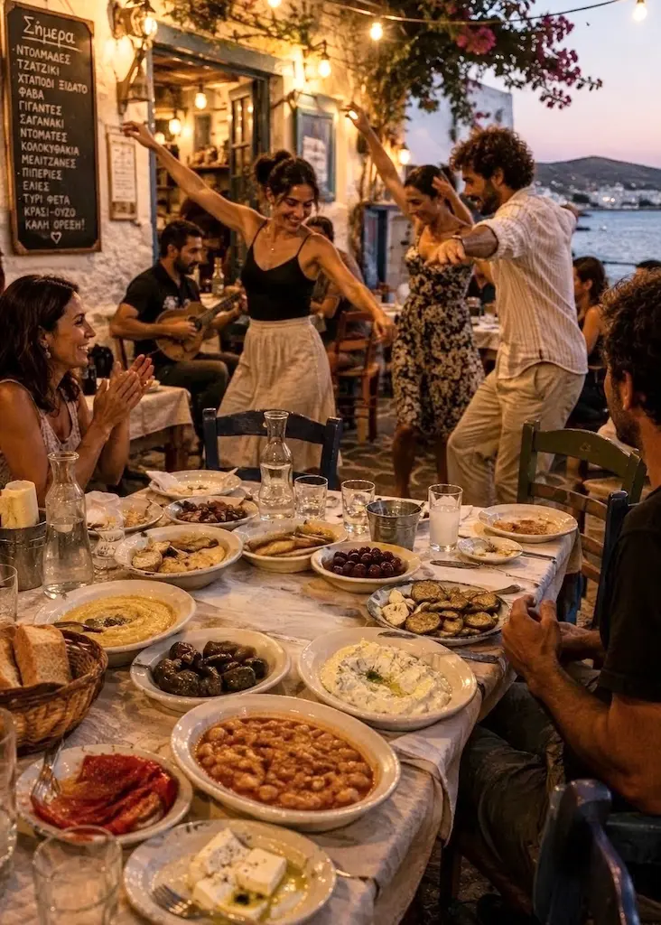 Friends dancing beside a table of Greek mezze and Aperitivo at a seaside taverna