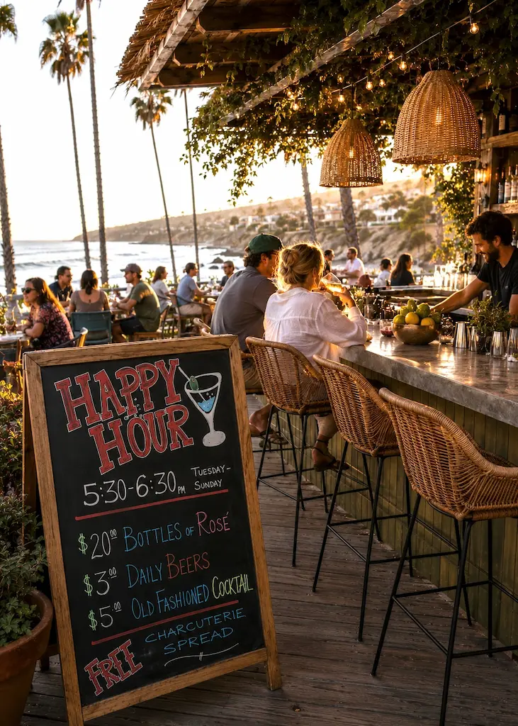 Coastal California happy hour at an oceanfront bar during golden hour.