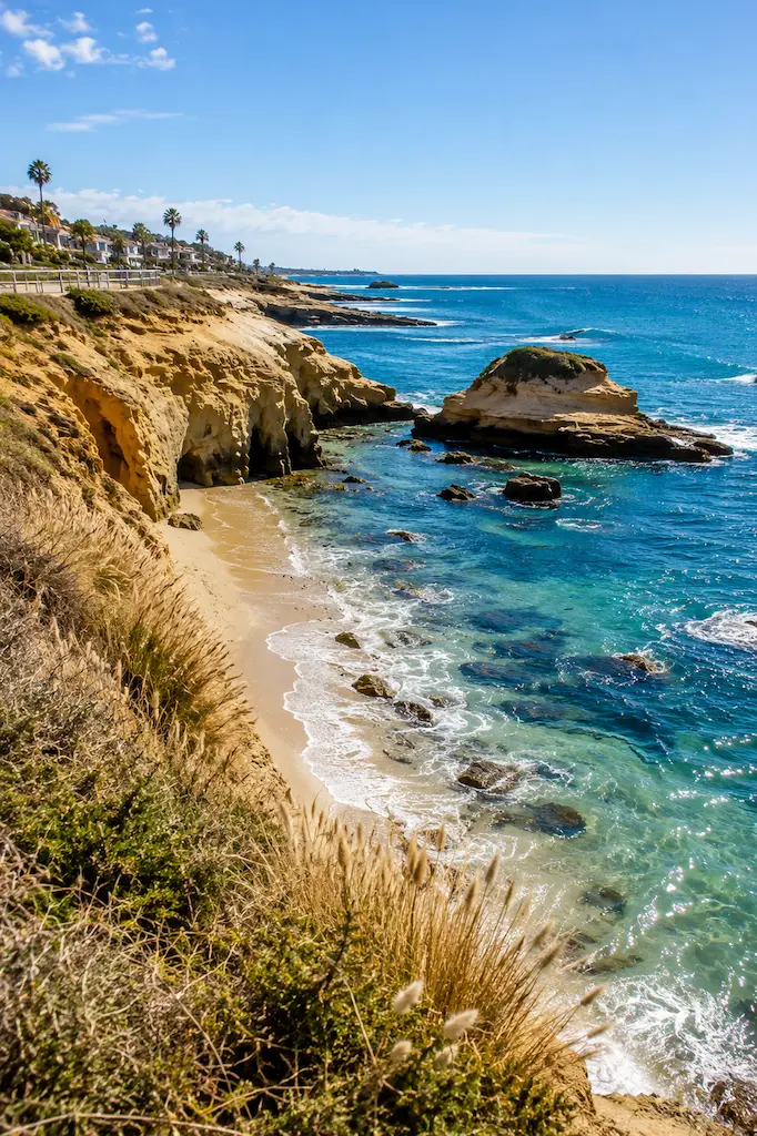 Sunny sandstone cliffs and a small blue-water cove along the Shell Beach coastline near Pismo Beach