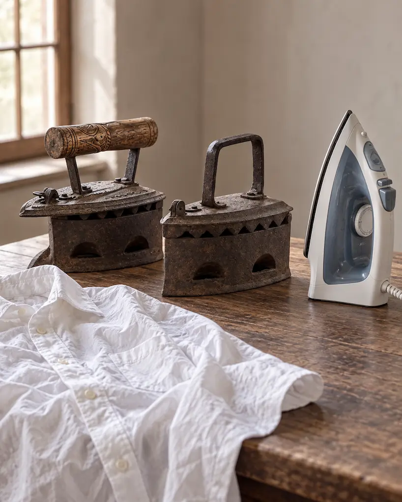 Two antique irons beside a modern steam iron and wrinkled white shirt, showing the evolution of ironing clothes.