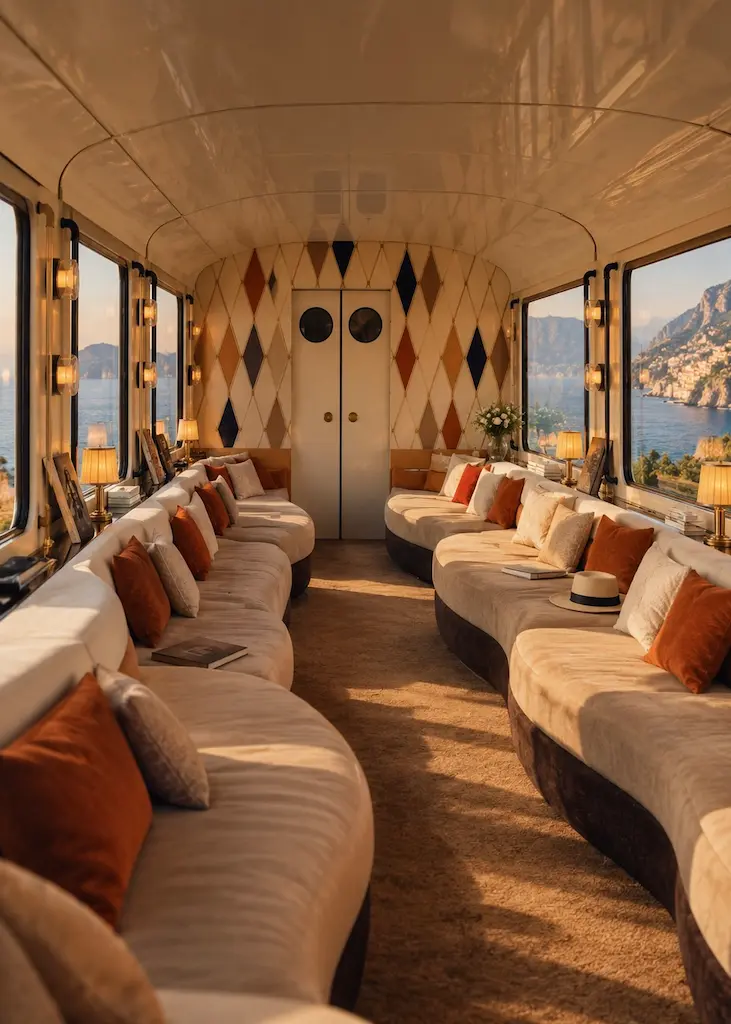 Elegant railway lounge with curved seating and large windows overlooking the Mediterranean coast