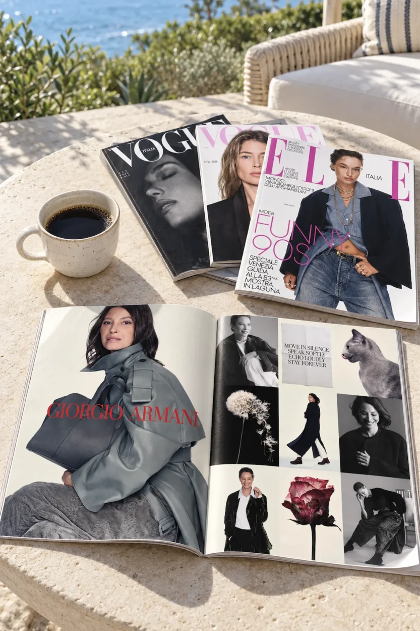 Fashion and beauty magazines on a stone coffee table overlooking the Pacific, including an open Giorgio Armani campaign with Christy Turlington.