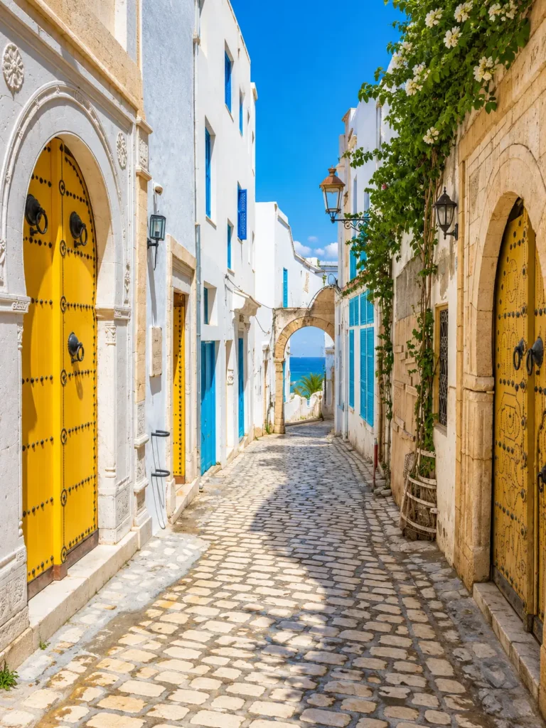 Sunlit medina street in Mahdia, Tunisia, with yellow doors, blue shutters, whitewashed walls and a glimpse of the Mediterranean Sea at the end.
