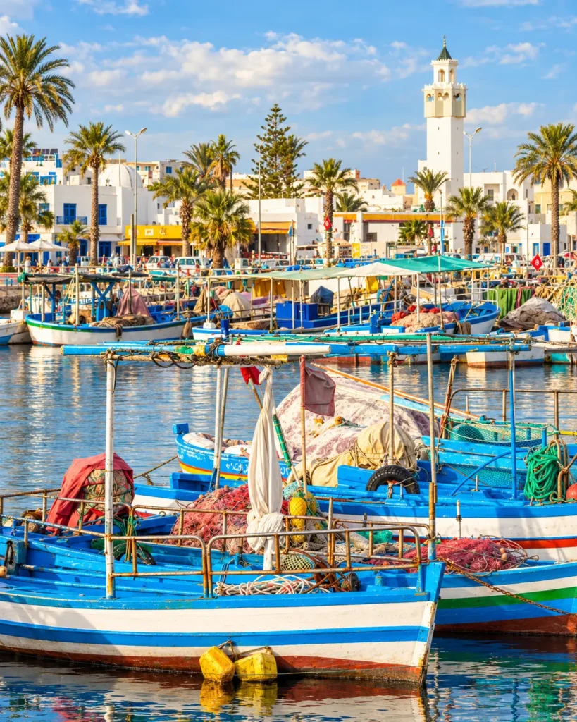 Mahdia fishing harbor in Tunisia with blue-and-white boats, fishermen, palm trees and a mosque minaret in morning light.