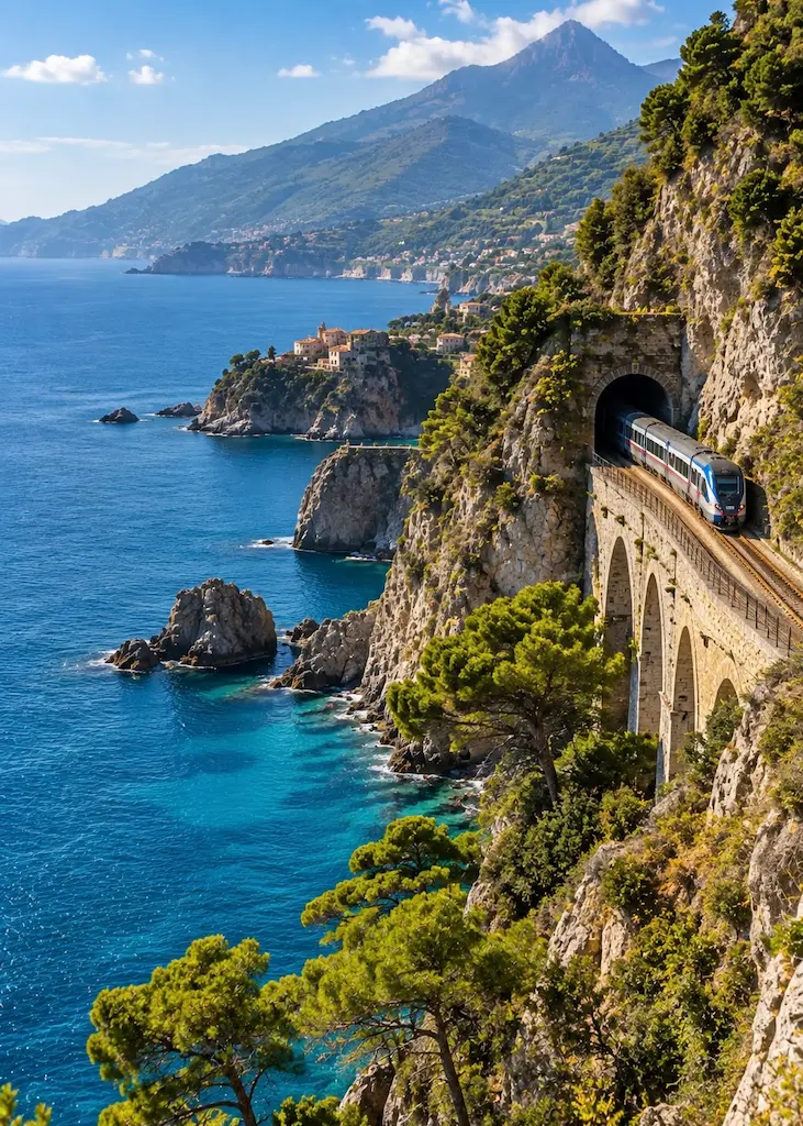 Coastal train emerging from a cliffside tunnel above the Tyrrhenian Sea in southern Italy
