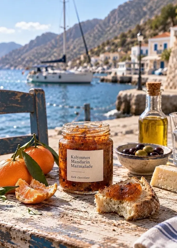 Kalymnos mandarin marmalade and local produce beside a Greek harbor