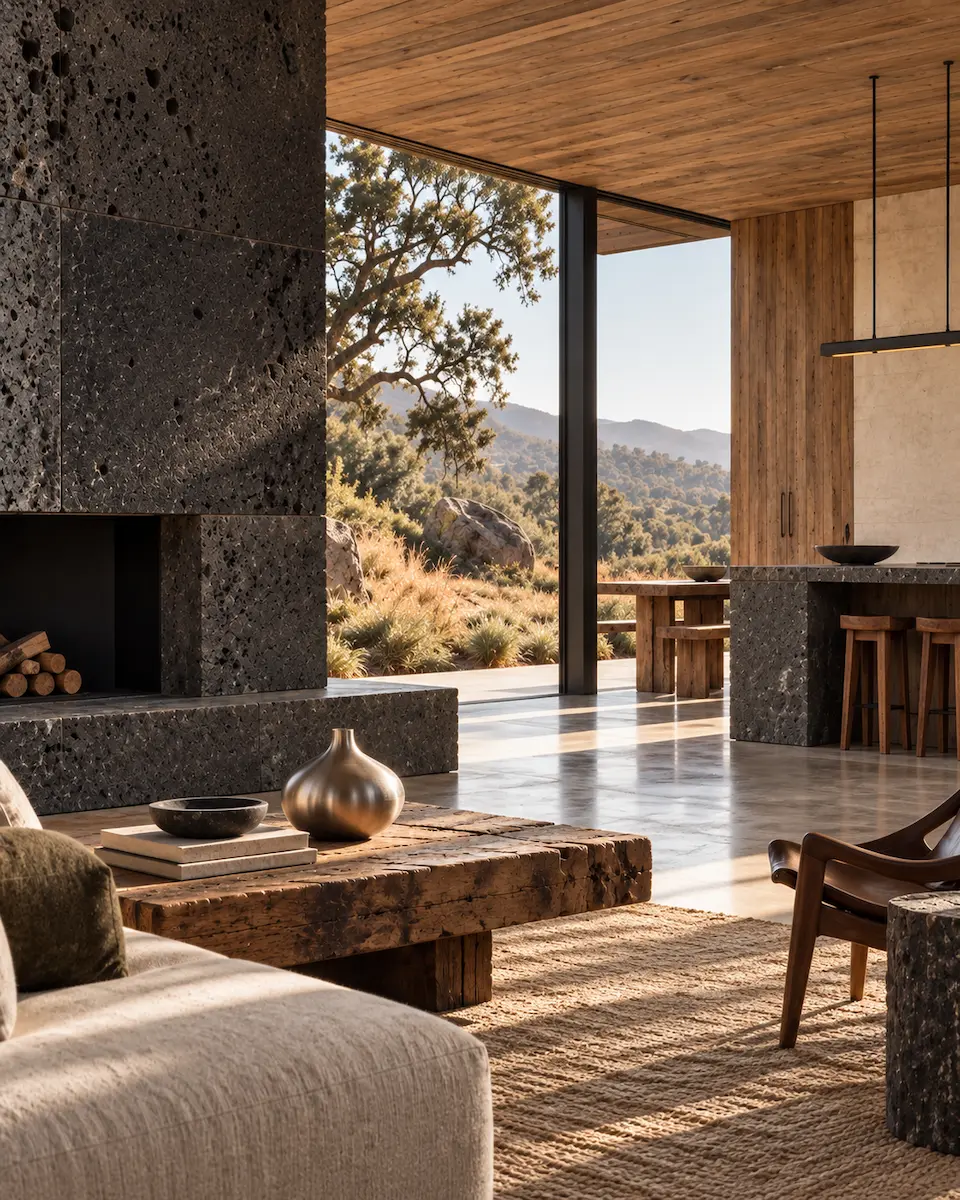 Contemporary interior with raw wood table, dark stone fireplace and stainless steel vase