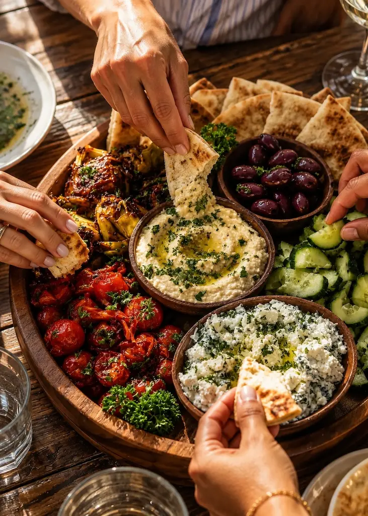 Hands sharing colorful Mediterranean plate mezze with dips, olives, vegetables and bread by the sea.