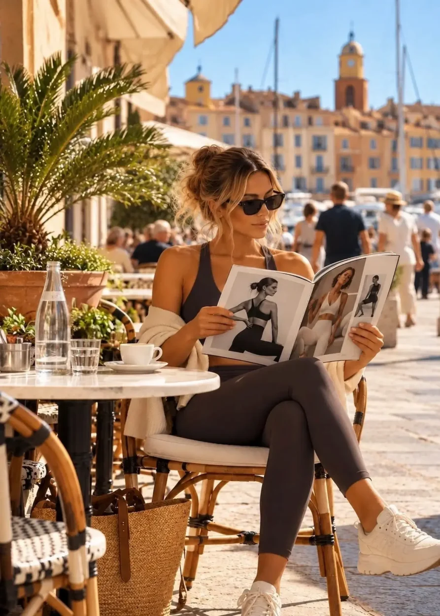 Woman wearing stylish workout clothes reads a fashion magazine at a Saint-Tropez waterfront café, blending California fitness fashion with Mediterranean chic.