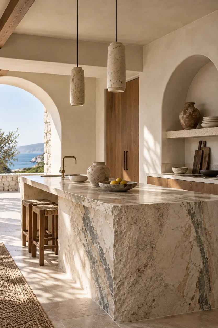 Mediterranean kitchen with veined stone island, warm wood cabinetry and arched coastal view.