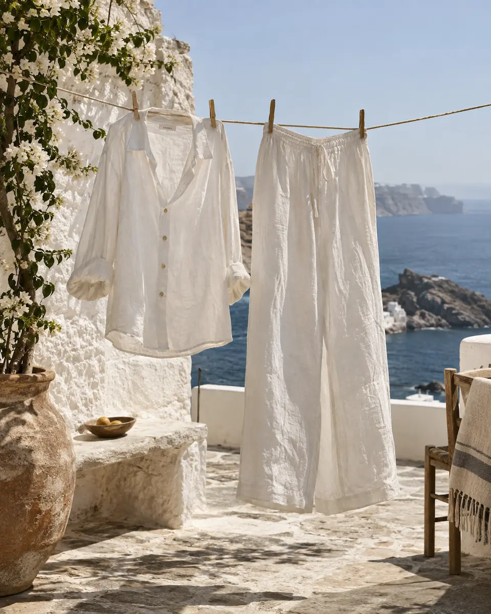 Sun-washed white linen shirt and wide-leg trousers drying naturally on a Mediterranean clothesline overlooking the sea.
