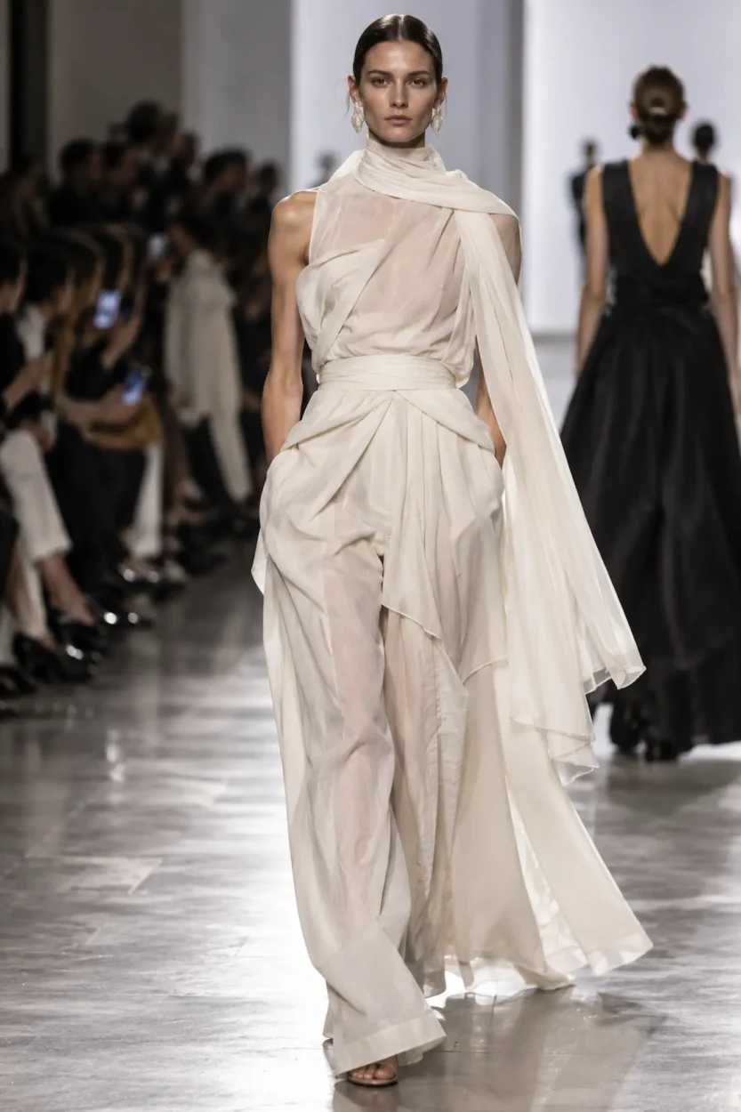 Model wearing a contemporary draped white look on a fashion runway.