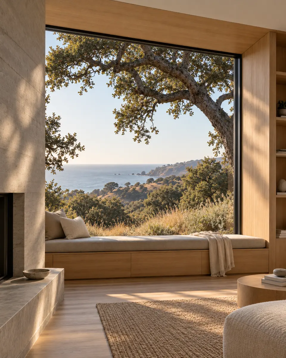 California picture window framing an oak tree, native landscape and Pacific coastline.