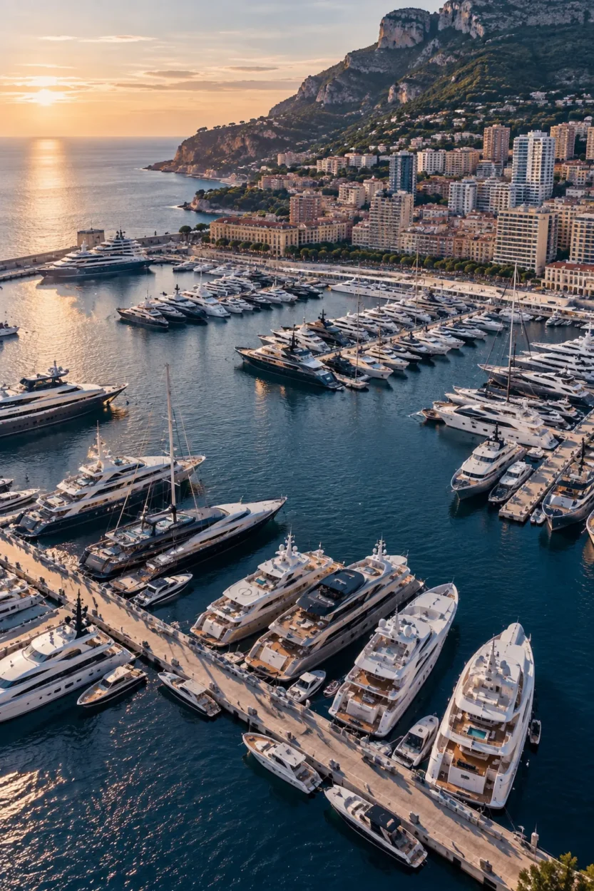 Aerial view of luxury yachts lining a Mediterranean marina like an elegant waterfront street.