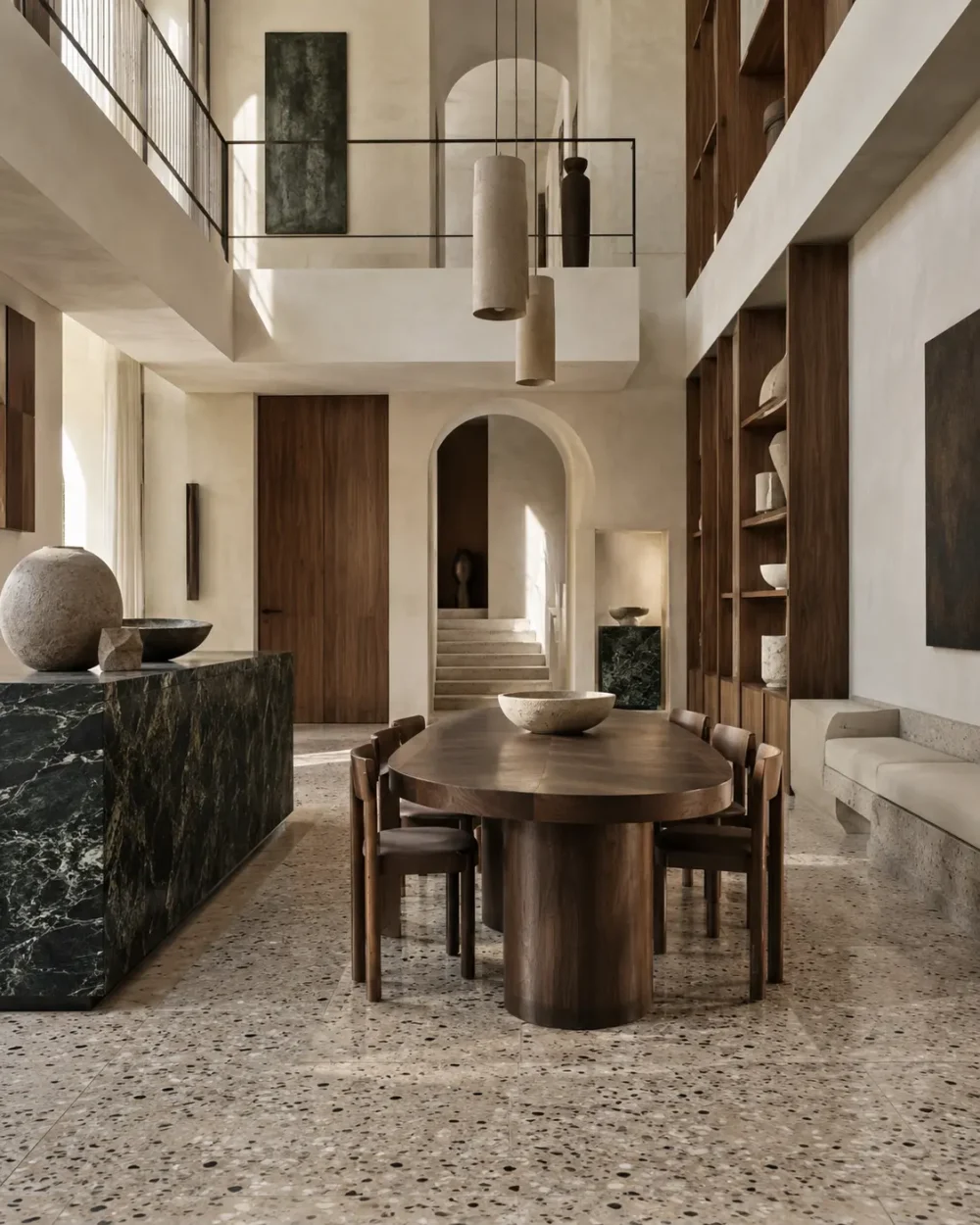 Contemporary dining room with sculptural wood furniture, stone surfaces and integrated architecture.