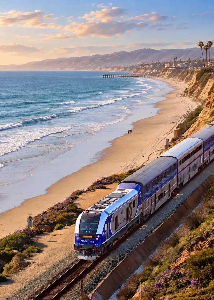 Pacific Surfliner train traveling beside the beach on the Southern California coast