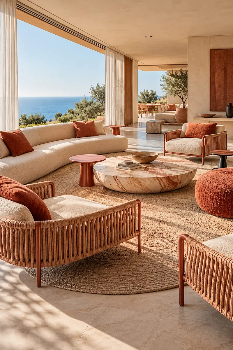 Contemporary coastal living room in sand, clay and warm earth tones inspired by the Mediterranean landscape.