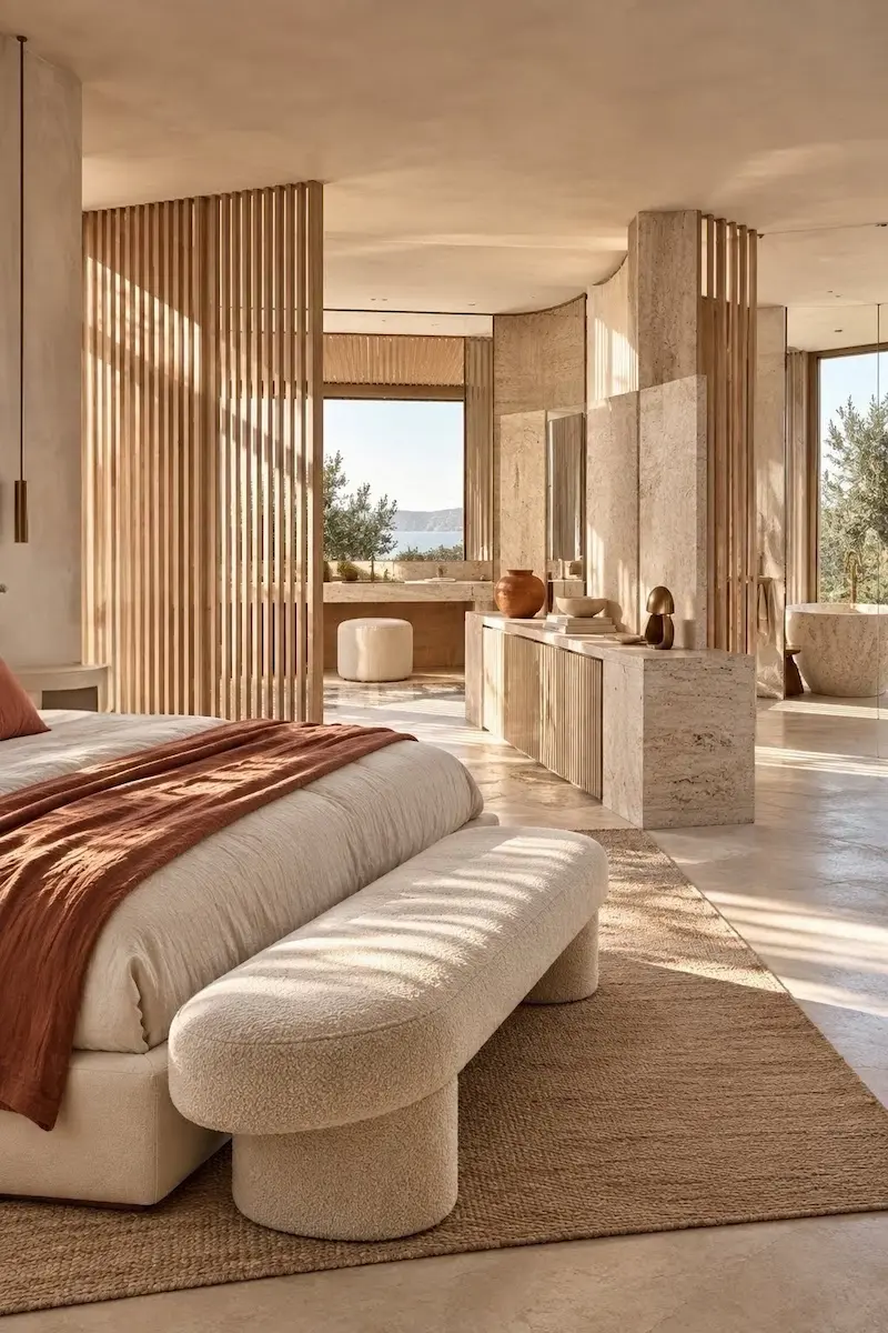 Modern coastal bedroom and bathroom divided by architectural screens that preserve light and openness.