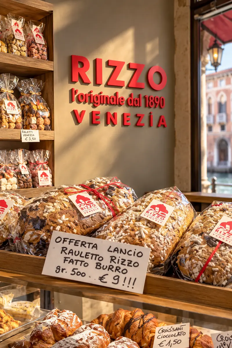 Rizzo Venezia bakery display with red heritage signage and packaged Italian baked goods.