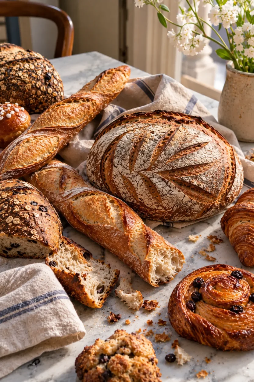 Assortment of rustic artisan bread loaves and baguettes arranged on a light marble surface.