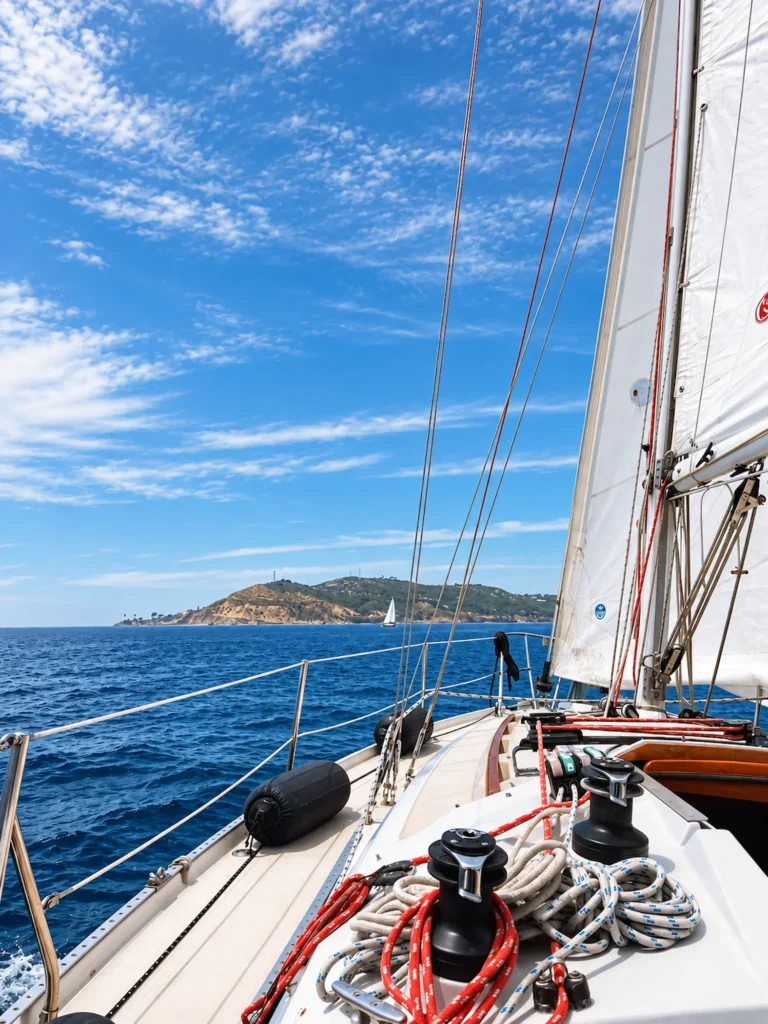 View from the deck of a sailboat approaching a Mediterranean island