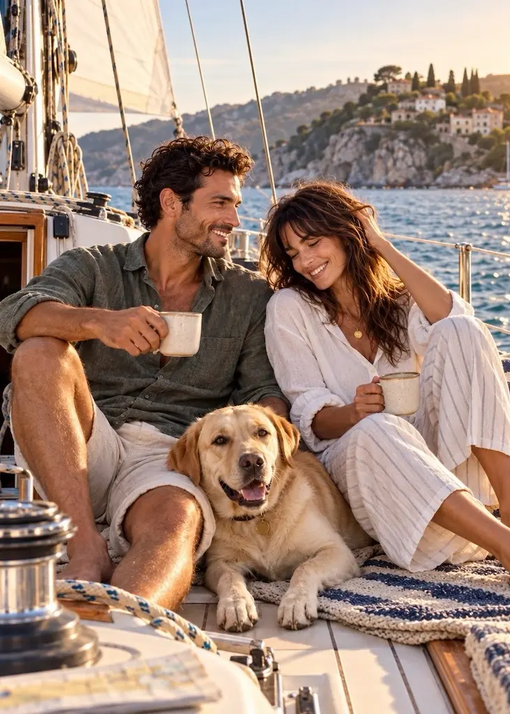 Couple relaxing aboard a sailboat at sunset on the Mediterranean