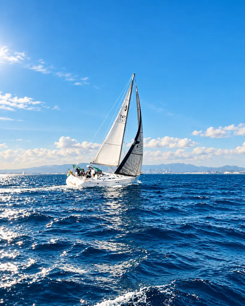 Sailing with a Sailboat crossing bright blue Mediterranean water under full sail
