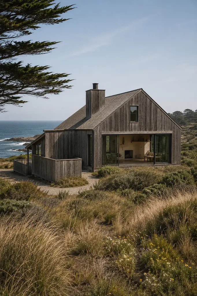 Weathered timber Sea Ranch–inspired home on the Northern California coast, combining a simple barn-like silhouette with modern glass and ocean views.