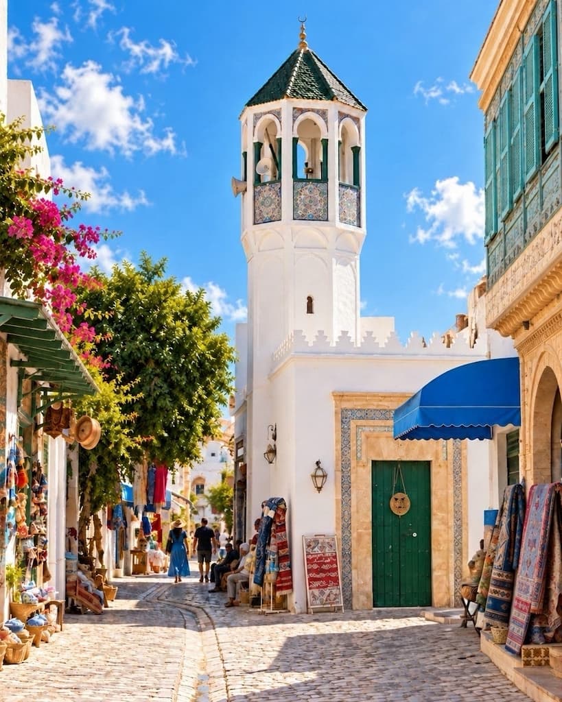 Skifa el Kahla gateway opening into Mahdia’s medina with whitewashed walls, blue shutters and local street life.