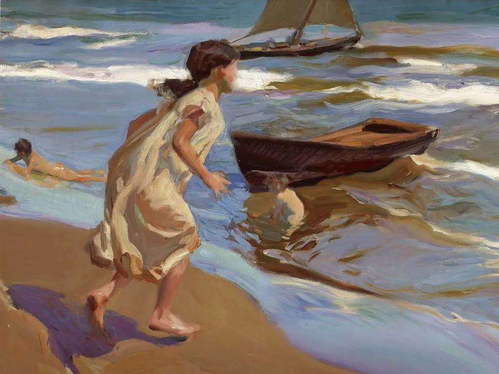 Joaquín Sorolla, Running Along the Beach, Valencia, 1908. Oil on canvas. Museo de Bellas Artes de Asturias. Public domain.