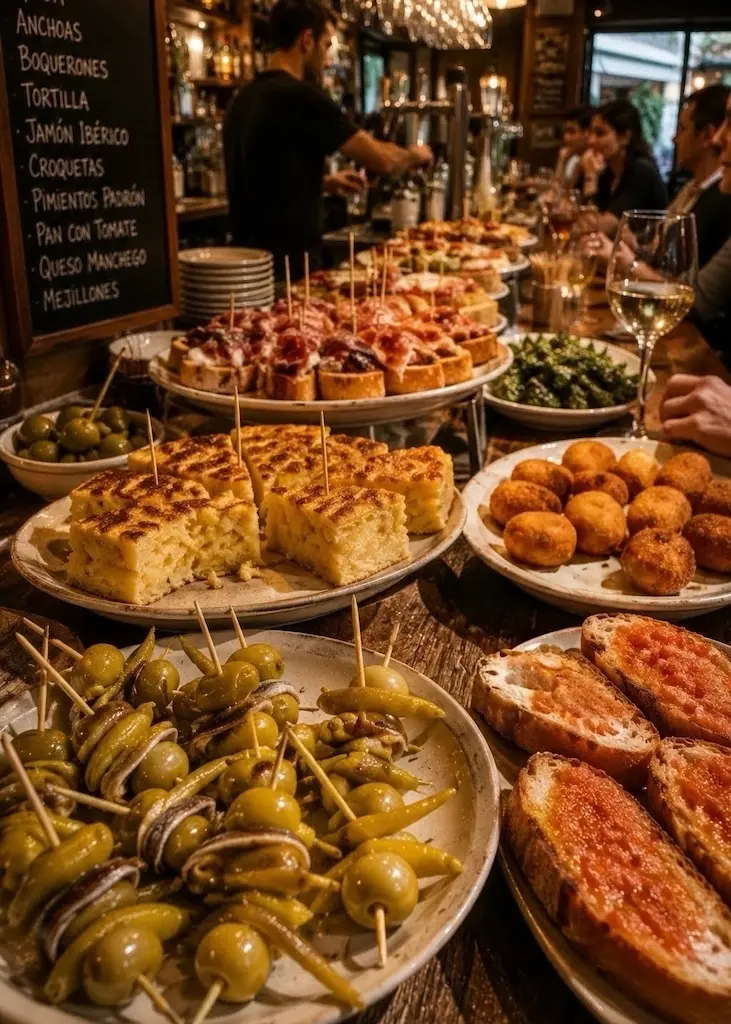 Spanish tapas bar with gildas, tortilla española, croquetas and pan con tomate.