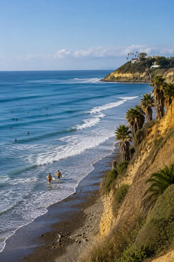 Surfers walking into the Pacific below palm-lined coastal bluffs at Cardiff-by-the-Sea, California