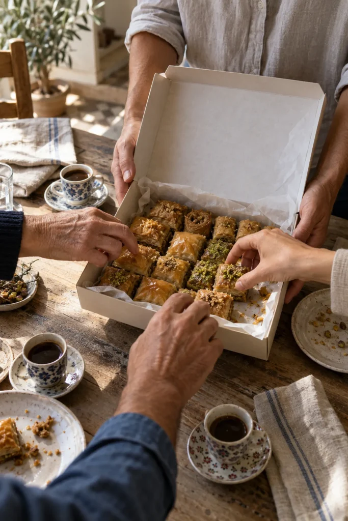A pair of hands opening or offering an elegant but natural box of baklava at a Mediterranean table, with small coffee cups, linen napkins and several reaching hands. This shows that baklava is brought, shared and offered—not merely ordered as dessert.