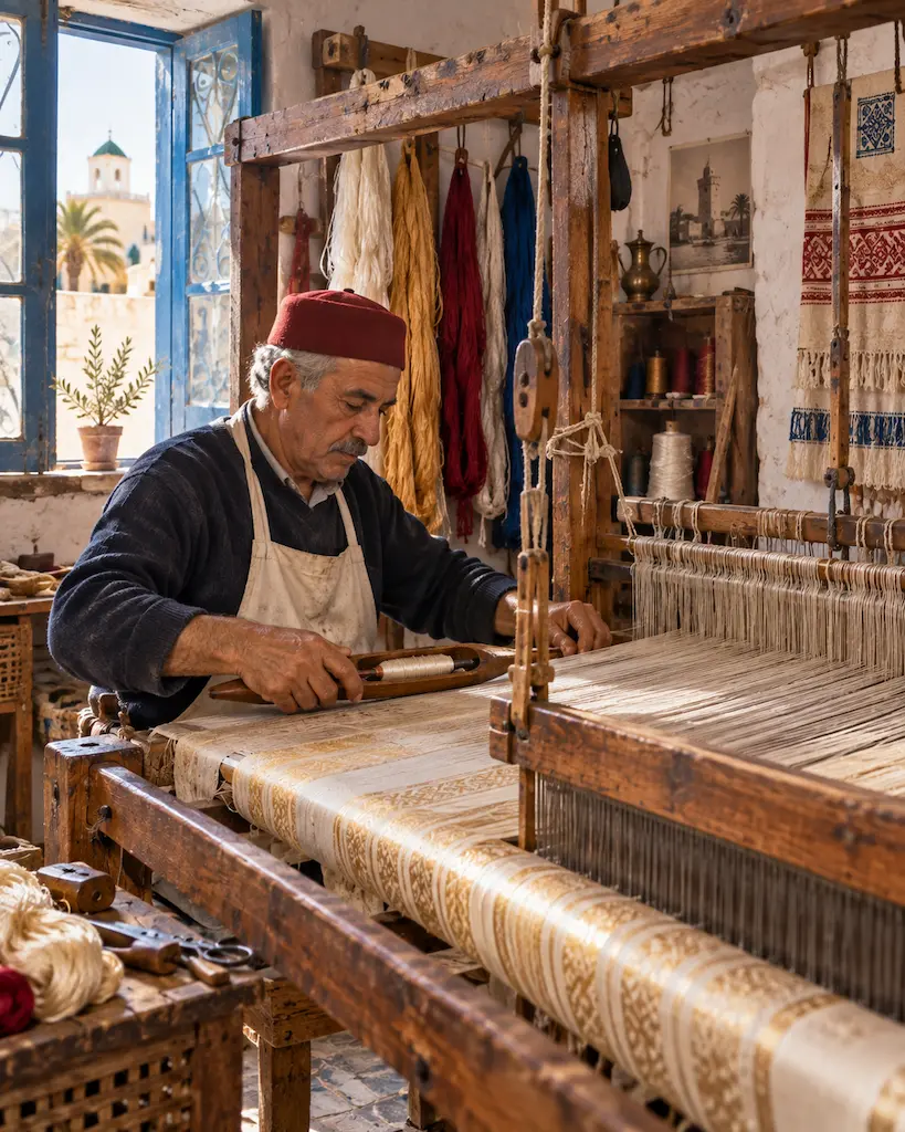 Traditional silk weaver working at a wooden loom in Mahdia, Tunisia