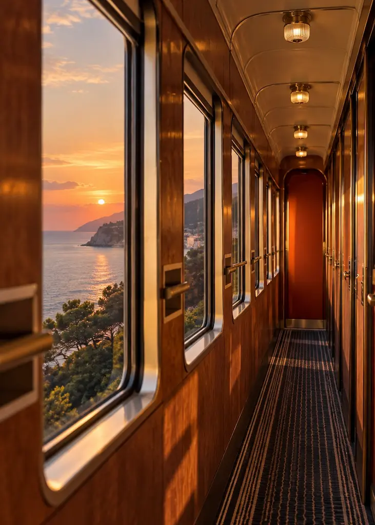Wood-paneled train corridor with windows overlooking the Mediterranean Sea at sunset