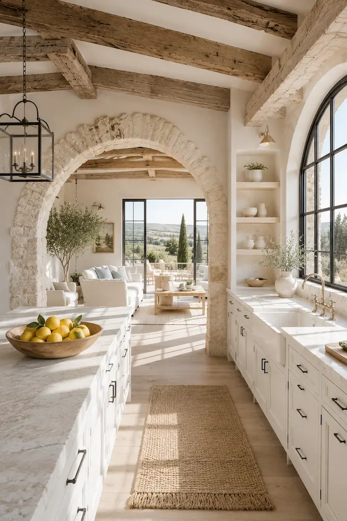 Sunlit Tuscan farmhouse kitchen with limestone arches, exposed timber beams, pale stone surfaces and a bowl of fresh lemons overlooking the countryside.